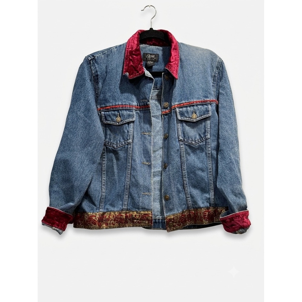 Agape Collection Denim Jacket M Medium Wash Red Velvet Trim Tapestry Embroidered